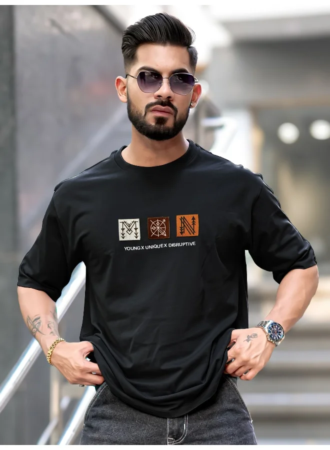 Maniac  Maniac Mens Printed Round Neck Half Sleeve Black Cotton T-Shirt for Men | Best Price UAE