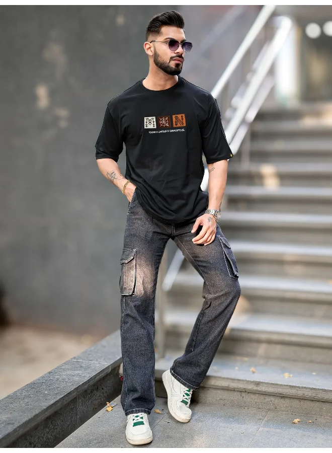 Maniac  Maniac Mens Printed Round Neck Half Sleeve Black Cotton T-Shirt for Men | Best Price UAE