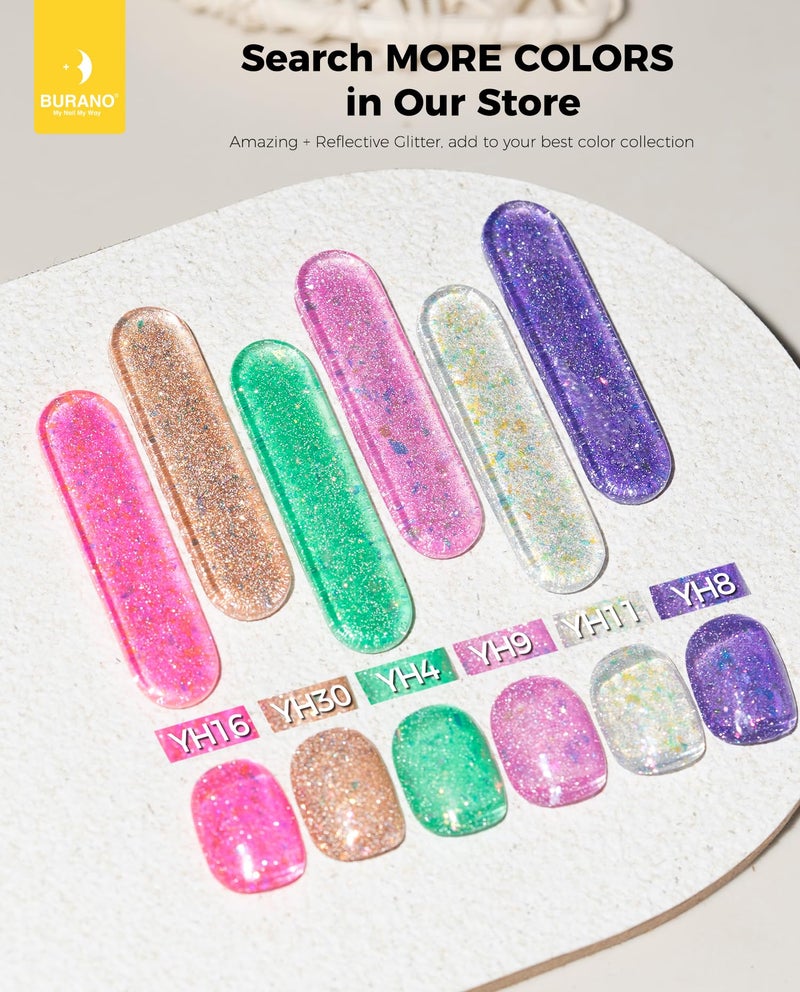 BURANO Reflective Glitter Gel Polish, Rose Blue Purple Silver Holographic Glitter Gel Nail Polish, Soak Off Disco Gel Polish UV Lamp Required 6 Bottles YH - Image 4