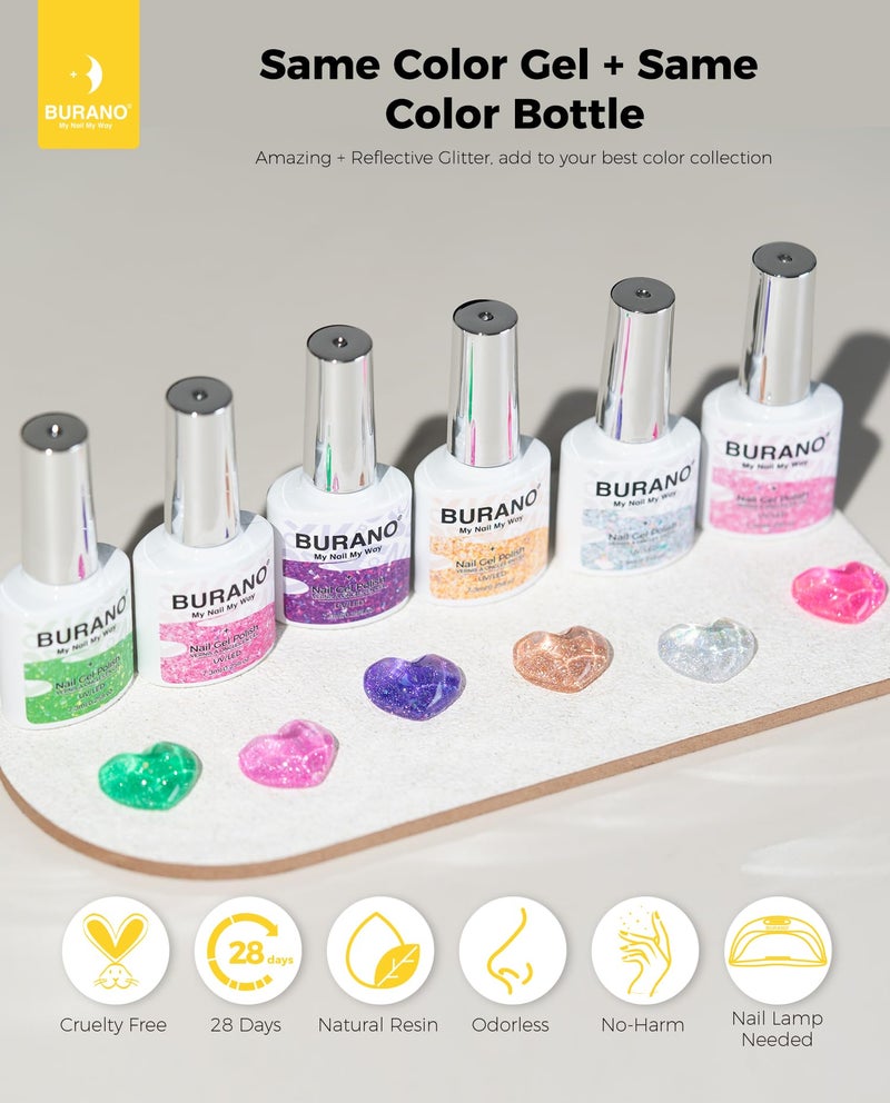 BURANO Reflective Glitter Gel Polish, Rose Blue Purple Silver Holographic Glitter Gel Nail Polish, Soak Off Disco Gel Polish UV Lamp Required 6 Bottles YH - Image 5