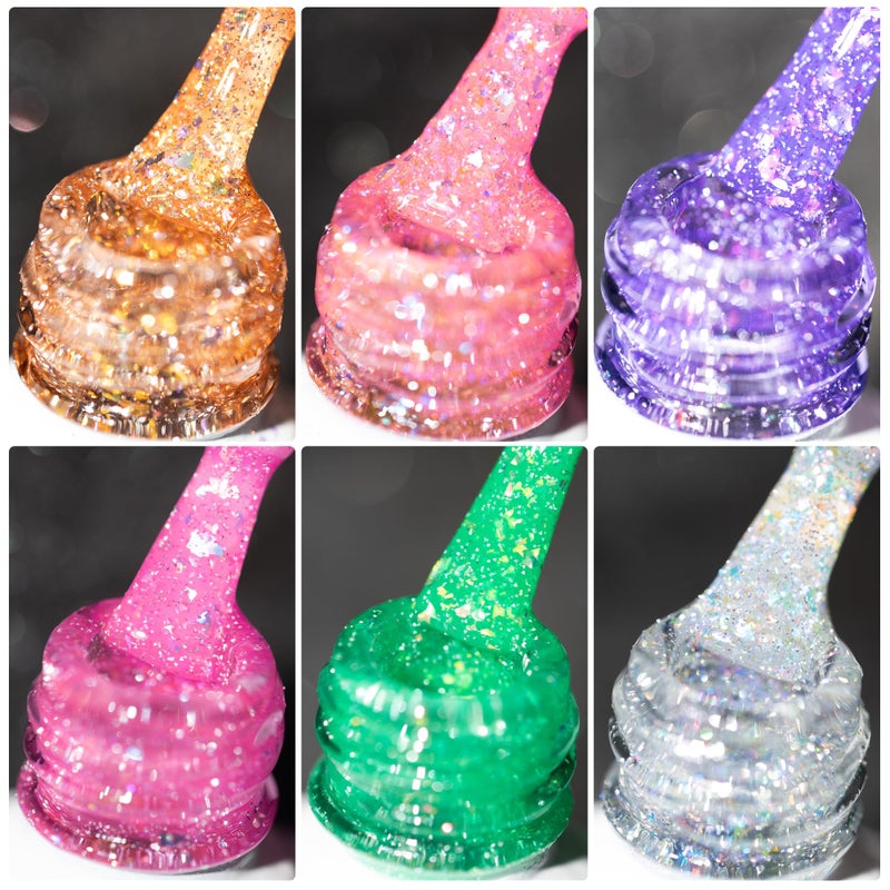 BURANO Reflective Glitter Gel Polish, Rose Blue Purple Silver Holographic Glitter Gel Nail Polish, Soak Off Disco Gel Polish UV Lamp Required 6 Bottles YH - Image 1