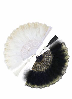 Y&D Feather Hand Fan, 2 Pcs Folding Fan Queen for 20s Women Costume Party Dancing Photoshoot Wedding Decor (White, Black)  - Image 1