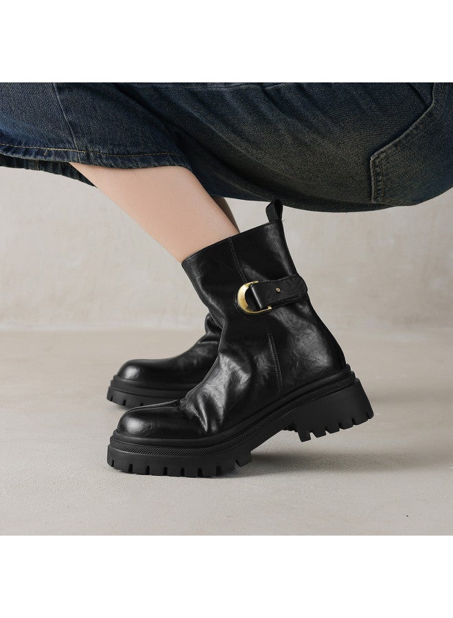 AME Minimalist Slip-on Stacked Boots 2025 Autumn/winter New Retro Hand-grabbed Grain Leather Belt Buckle Martin Boots For Women - Image 2