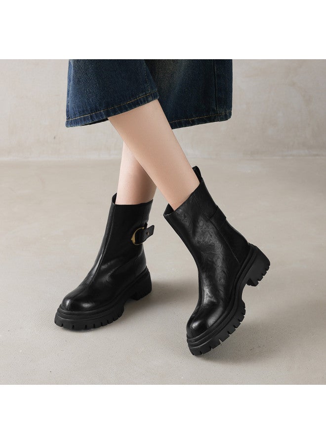 AME Minimalist Slip-on Stacked Boots 2025 Autumn/winter New Retro Hand-grabbed Grain Leather Belt Buckle Martin Boots For Women - Image 5