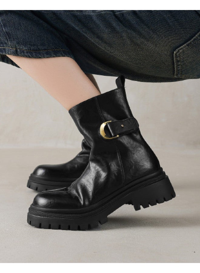 AME Minimalist Slip-on Stacked Boots 2025 Autumn/winter New Retro Hand-grabbed Grain Leather Belt Buckle Martin Boots For Women - Image 1