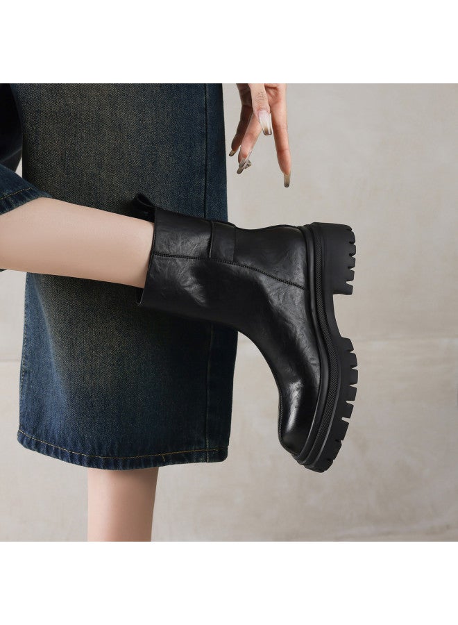 AME Minimalist Slip-on Stacked Boots 2025 Autumn/winter New Retro Hand-grabbed Grain Leather Belt Buckle Martin Boots For Women - Image 4