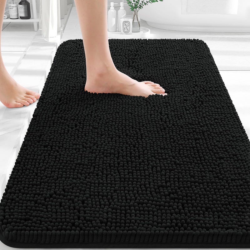 OLANLY Black Bathroom Rug 30x20 Extra Soft Absorbent Chenille Bath Rugs Rubber Backing Quick Dry Machine Washable Bath Mats for Bathroom Floor Tub and Shower Home Decor Accessories