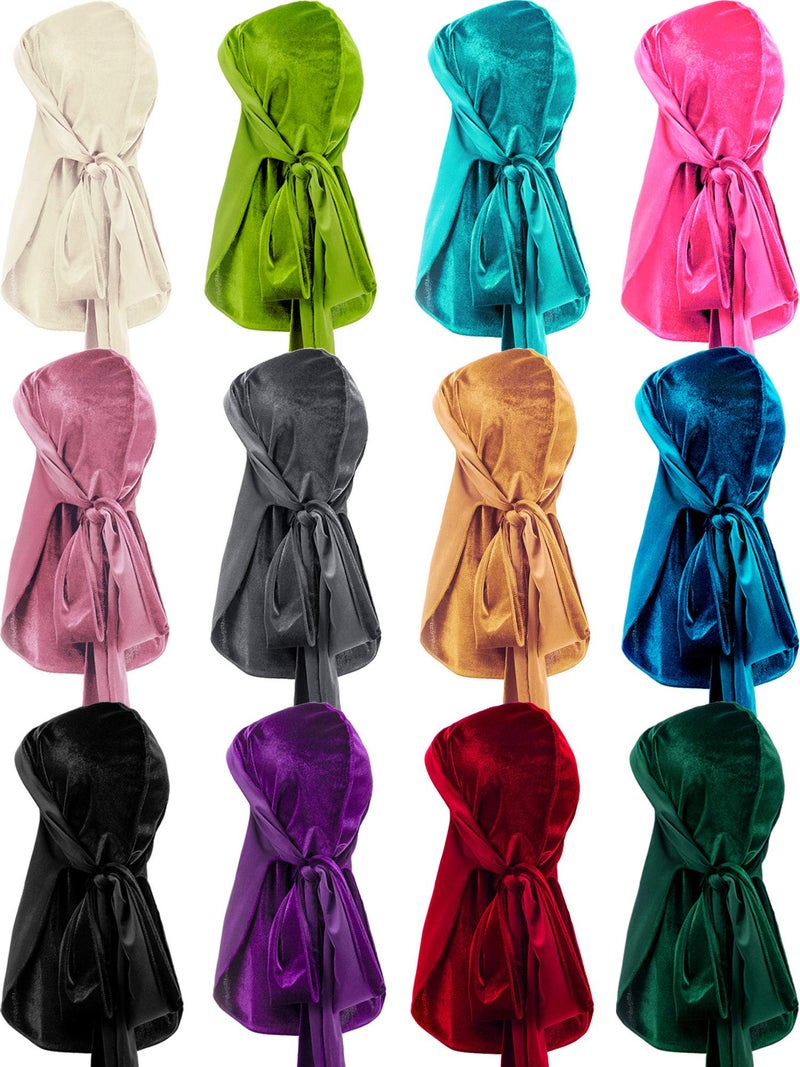 Geyoga 12 Pieces Velvet Durags Caps Wide Strap Headwraps Long Tail Turban Beanies for 360 Wave Men Women Trendy Color