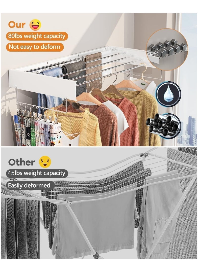 Clothes Drying Rack Wall Mounted Drying Rack Collapsible Drying Racks for Laundry Clothes Hanger Rack Foldable Clothing Rack Retractable Folding Dryer Rack Wall Hanging Rack White