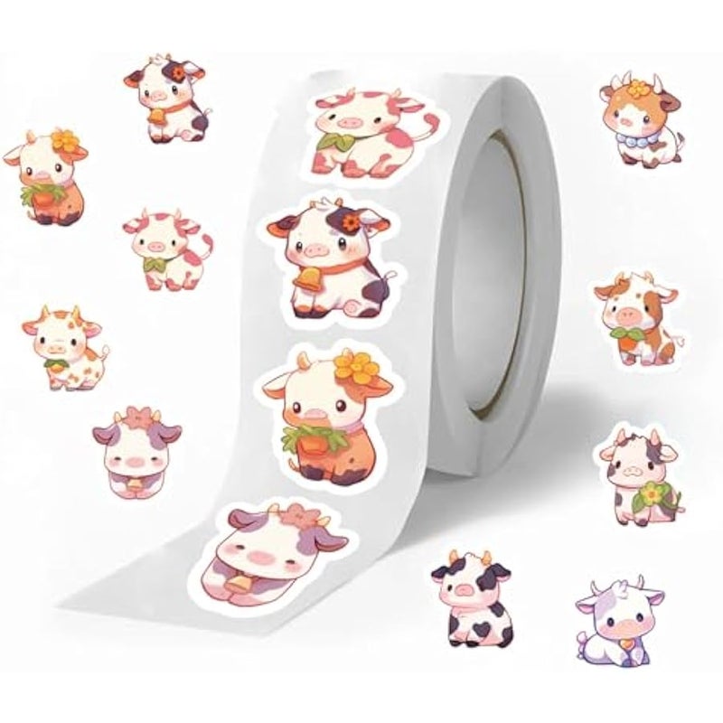 ملصقات صغيرة بتصميم بقرة للاطفال، 500 قطعة من ملصقات لوازم المعلم الدائرية اللطيفة للاطفال في الفصول الدراسية، 10 تصميمات ملصقات تحفيزية لمكافآت التدريب (بقرة) - Image 1
