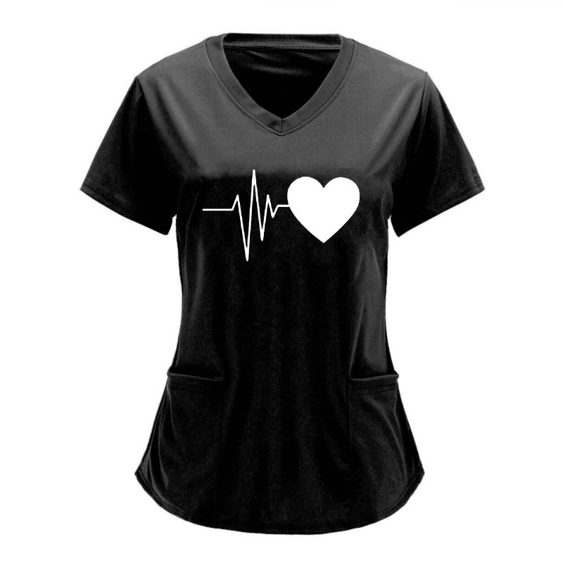 Cross-border European and American Nurses Wear and Care Tooling V-neck Double Pocket Heartbeat Love Printed Shirt Short-sleeved T-shirt plus size Black