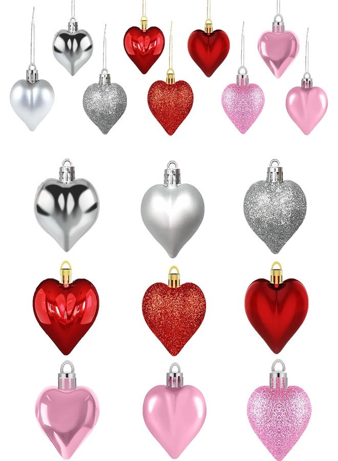 weizedm 24Pcs Valentine's Day Heart Shaped Ornaments | Valentines Heart Decorations | Red Pink Silver Glitter Heart Shaped Baubles | Romantic Christmas Valentine's Day Tree Hanging Decorations - Image 1