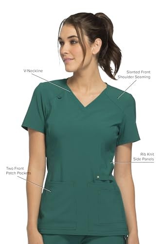 Cherokee Women's Medical Scrub Top Iflex V-Neck Knit Panel Top CK605, XL, Hunter Green - Image 2