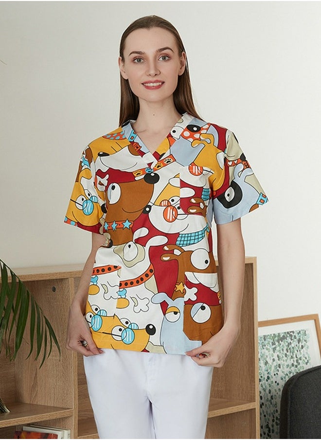 Loquat Unisex Printed V-Neck Medical Uniform Scrubs Top for Women/Men Workwear 