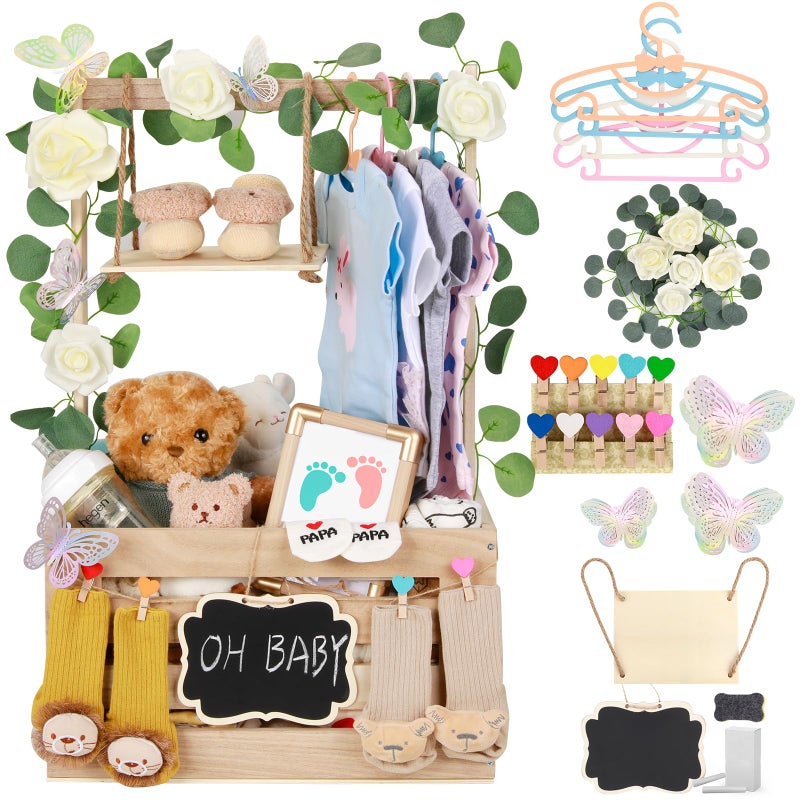ELESTONE Wooden Baby Shower Crate Closet with Handle, Hangers & Garland, Large Capacity Baby Basket for Baby Shower, Customizable Wooden Crate Box Newborn Parents Welcome Gift (Natural Wood) - Image 1