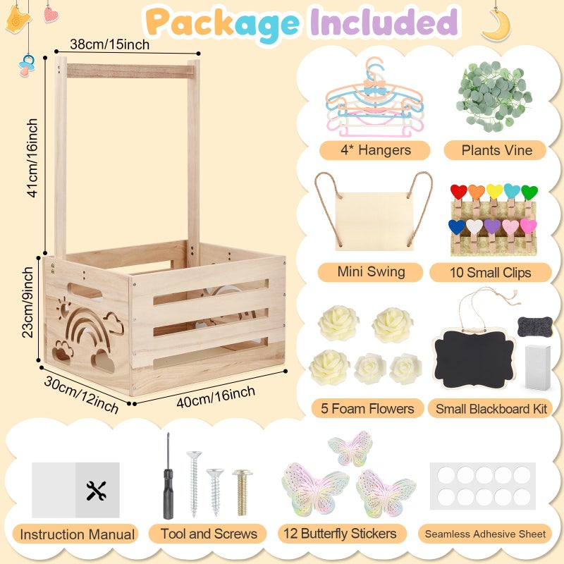 ELESTONE Wooden Baby Shower Crate Closet with Handle, Hangers & Garland, Large Capacity Baby Basket for Baby Shower, Customizable Wooden Crate Box Newborn Parents Welcome Gift (Natural Wood) - Image 2