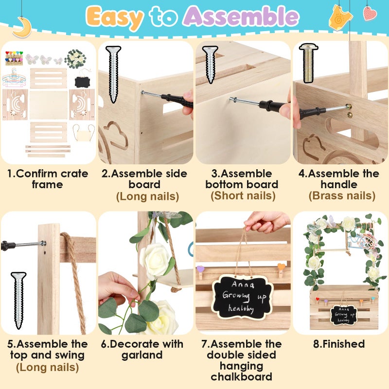ELESTONE Wooden Baby Shower Crate Closet with Handle, Hangers & Garland, Large Capacity Baby Basket for Baby Shower, Customizable Wooden Crate Box Newborn Parents Welcome Gift (Natural Wood) - Image 3