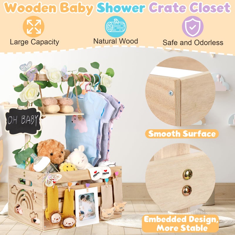 ELESTONE Wooden Baby Shower Crate Closet with Handle, Hangers & Garland, Large Capacity Baby Basket for Baby Shower, Customizable Wooden Crate Box Newborn Parents Welcome Gift (Natural Wood) - Image 4