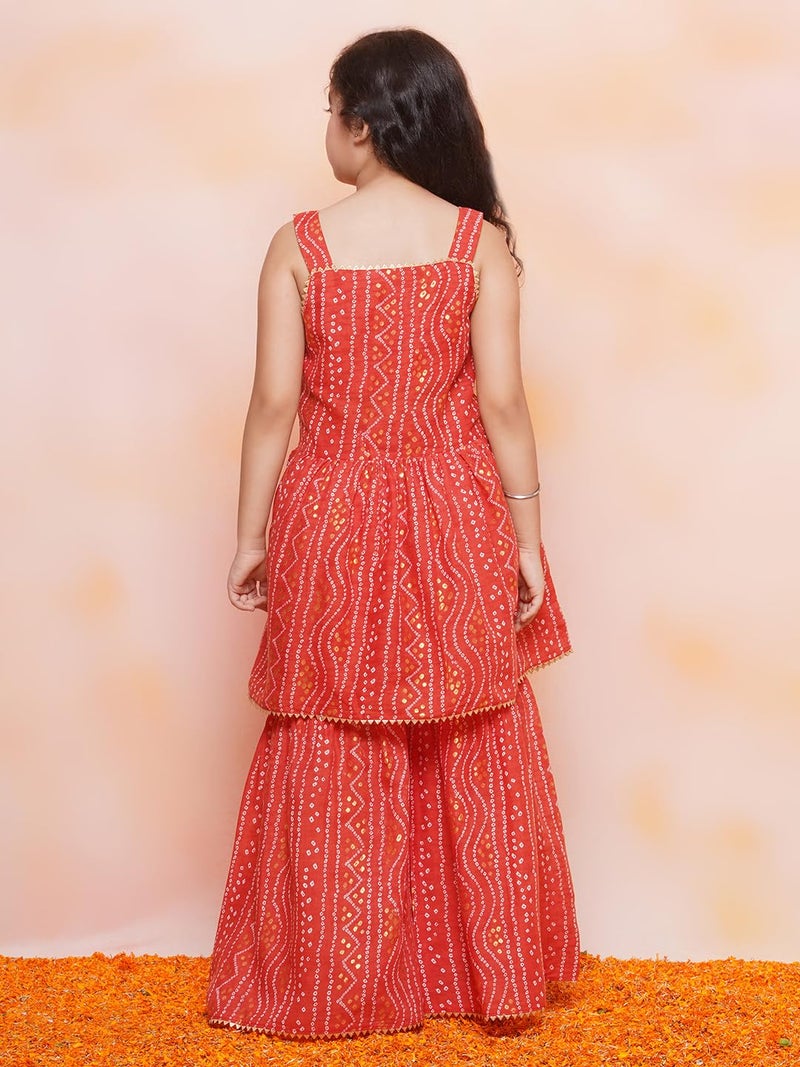 AJ DEZINES Kids Ethnic Wear Cotton Bandhani Printed Sleeveless A Line Red Kurta Sharara Set For Girls (G-1115-RED-22) - Image 4