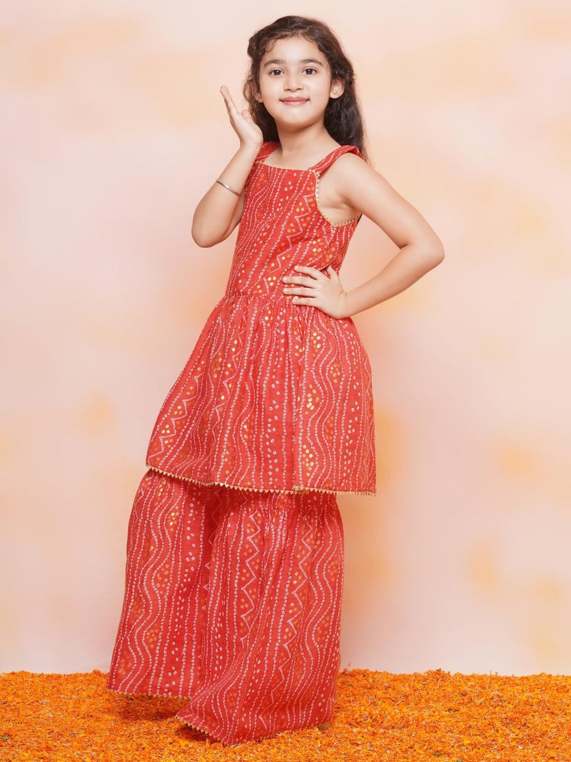 AJ DEZINES Kids Ethnic Wear Cotton Bandhani Printed Sleeveless A Line Red Kurta Sharara Set For Girls (G-1115-RED-22) - Image 5