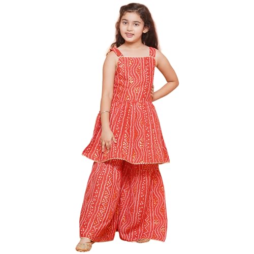 AJ DEZINES Kids Ethnic Wear Cotton Bandhani Printed Sleeveless A Line Red Kurta Sharara Set For Girls (G-1115-RED-22) - Image 1