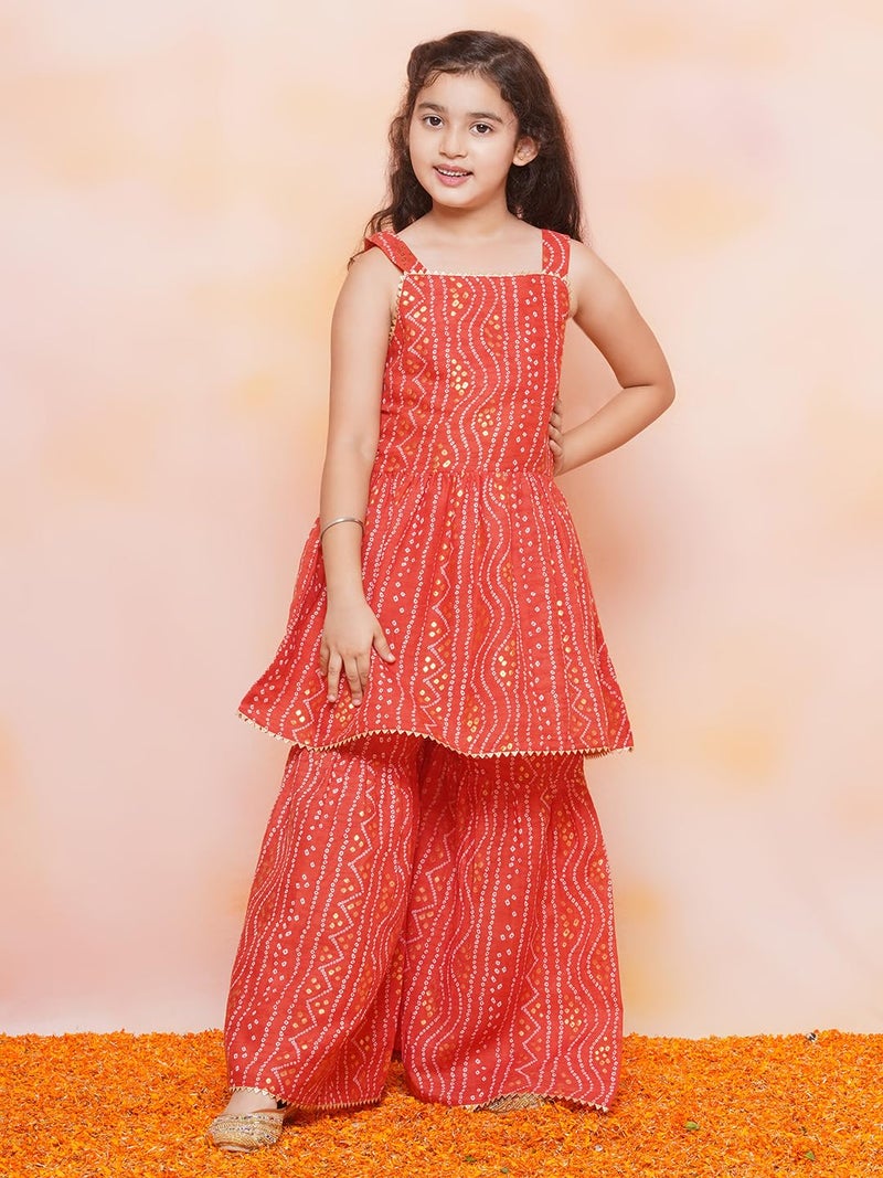 AJ DEZINES Kids Ethnic Wear Cotton Bandhani Printed Sleeveless A Line Red Kurta Sharara Set For Girls (G-1115-RED-22) - Image 2