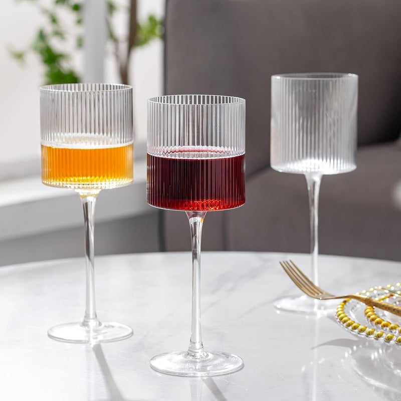 INSETLAN Square Wine Glasses Set of 4, Elegant Ribbed Design Wine Glasses 12.5oz, Long Stem Unique Modern Shape - Hand Blown Premium Wine Glass, For Red & White Wine Home Bar Party - Image 4