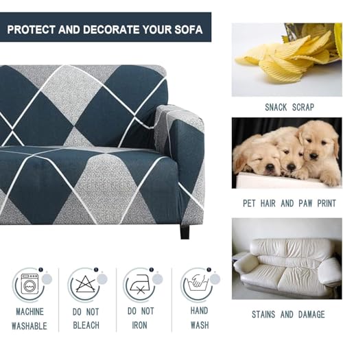 B BESTILO Sofa Cover 3 Seater and 2 Seater Fully Covered Universal 5 Seater Sofa Cover Non-Slip Sticky Elastic Stretchable Sofa Set Imported Slipcover (5 Seater, Blue Rhombus) - Image 4