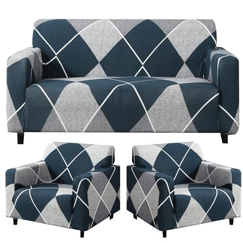 B BESTILO Sofa Cover 3 Seater and 2 Seater Fully Covered Universal 5 Seater Sofa Cover Non-Slip Sticky Elastic Stretchable Sofa Set Imported Slipcover (5 Seater, Blue Rhombus) - Image 1