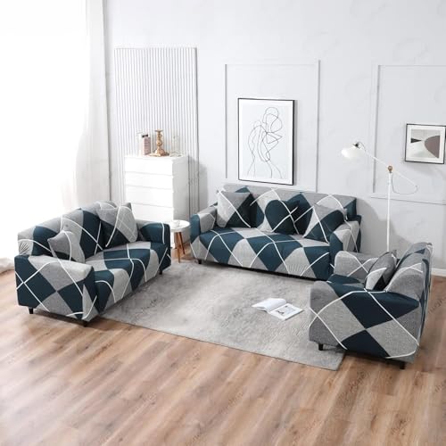B BESTILO Sofa Cover 3 Seater and 2 Seater Fully Covered Universal 5 Seater Sofa Cover Non-Slip Sticky Elastic Stretchable Sofa Set Imported Slipcover (5 Seater, Blue Rhombus) - Image 2