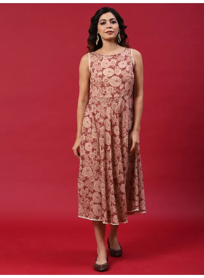 أيه كيه إس Brown Floral Printed Flared Dress