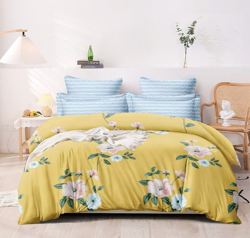 PRISCILLA 400 TC Glace Cotton Floral King Size Comforter Set – 4 Piece Bedding Set with 1 Flat Bedsheet (90x100 Inch), 2 Pillow Covers, Ultra Soft Printed AC Quilt/Blanket/Duvet, All Season – Yellow - Image 1