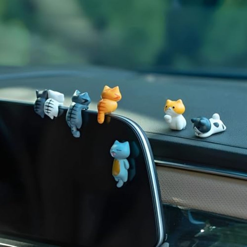 6 Pcs Cute Cat Car Accessories Funny Resin Cat Figurines Dashboard Decorations and Rear View Mirror Cute Pussy Figure Decorative Car Ornament Interior Decors for Car Home Garden Decor - Image 1