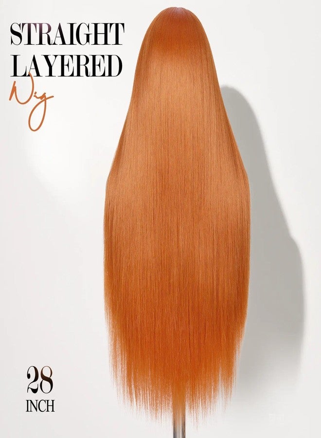 Quantum Love13x6 Lace Front Synthetic Wig 28 Inch Orange Straight Wig for Black Women Long Straight Ginger Glueless Pre Plucked Natural Hairline Futura Fiber for Daily Use - Image 4