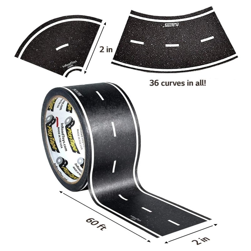 PlayTape Road Tape and Curves for Toy Cars - 1 Roll of 60 ft. x 2 in. Asphalt Road + 1 Roll of 36 Curves - Image 2
