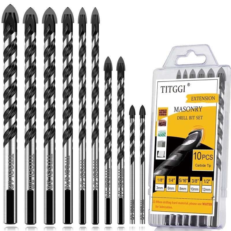 TITGGI 10PCS Masonry Drill Bit Set & Concrete Drill Bit Set, Extension Professional Carbide Drill Bit Set for Glass/Brick/Plastic/Cement/Wood/Tile/Etc, 1/8"-1/2" by TITGG - Image 1
