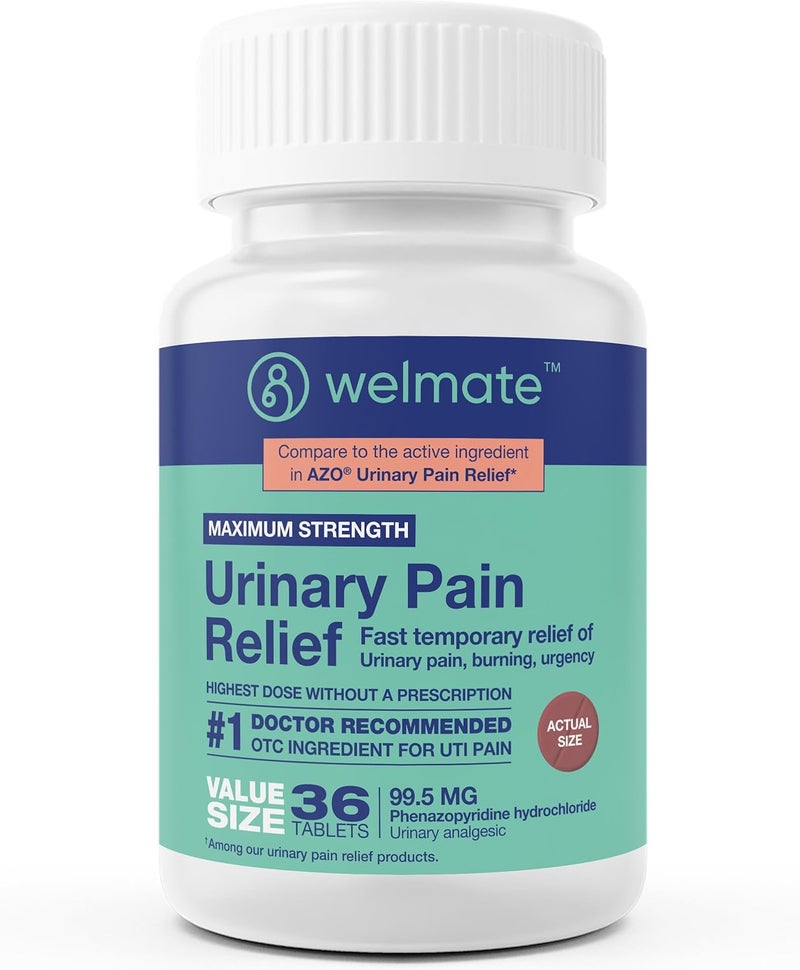 WELMATE Urinary Pain Relief Fast Acting UTI Relief Phenazopyridine HCl 995 mg Bladder Discomfort Pain Relief Tablets 36 Count - Image 1