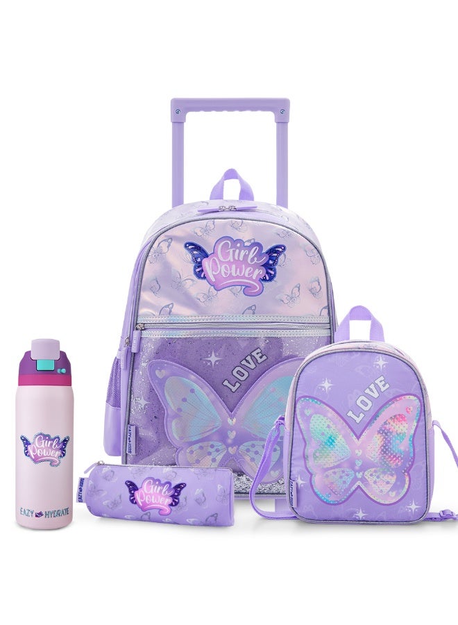 Eazy Kids 16” Trolley School Bag Set of 3 w/ Stainless Steel Water Bottle Bling 948mL – Girl Power Purple - Image 1