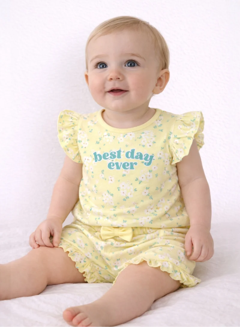 فكتور اند جين Infant Girls’ 2-Piece Set – “Best Day Ever” Puff Sleeve Top & Ruffle Shorts
