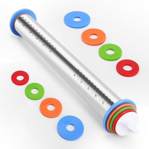 AOAONIU Rolling Pin with Adjustable Thickness Rings for BakingStainless Steel Dough RollerBaking Supplies for Cookie Fondant Pizza Cake Pasta - Image 1