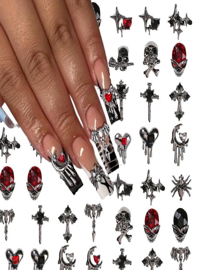 UCCASA 32 PCS Halloween Nails Charms 3D Alloy Spider Skull Nail Art Supplies for Acrylic Nails Dark Black Cross Moon Nail Gems and Charms Nail Jewelry for Women Halloween DIY Nail Art Decoration Accessories - Image 1