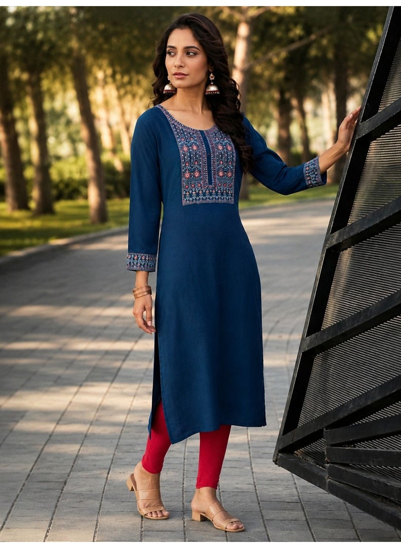 Women’s Embroidered Straight Kurti | Blue Ethnic Kurta with Intricate Neck Embroidery | 3/4 Sleeve Casual & Festive Wear. - Image 1