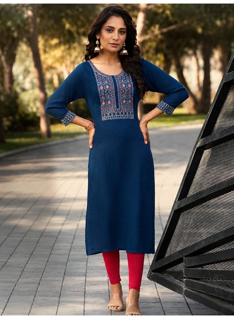 Women’s Embroidered Straight Kurti | Blue Ethnic Kurta with Intricate Neck Embroidery | 3/4 Sleeve Casual & Festive Wear. - Image 2