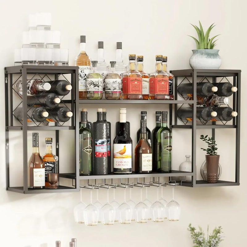 HEONITURE Wall Mounted Wine Rack with Glass HolderMetal Floating Bar Liquor Shelves 2 TierWine Glass Rack Multi Functional Wine Storage Display Rack for Home Bar Dining Room Kitchen