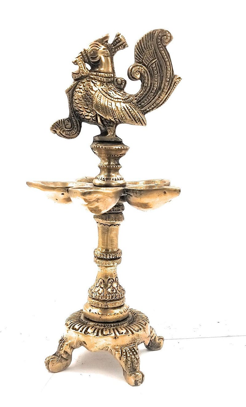Artvarko Brass Peacock Traditional Design 5 Wick Oil Lamp Diya for Home Office Temple Decor Gift 9.5 Inch - Image 3