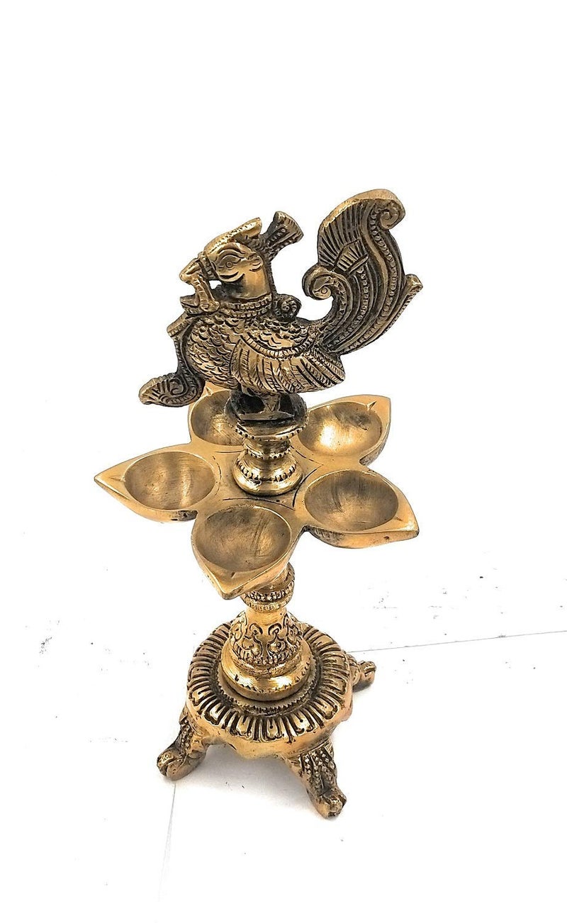 Artvarko Brass Peacock Traditional Design 5 Wick Oil Lamp Diya for Home Office Temple Decor Gift 9.5 Inch - Image 4