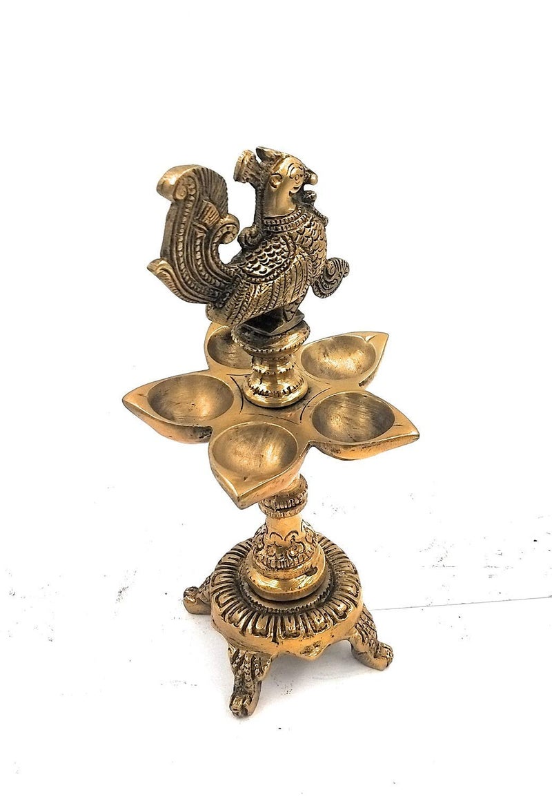 Artvarko Brass Peacock Traditional Design 5 Wick Oil Lamp Diya for Home Office Temple Decor Gift 9.5 Inch - Image 2