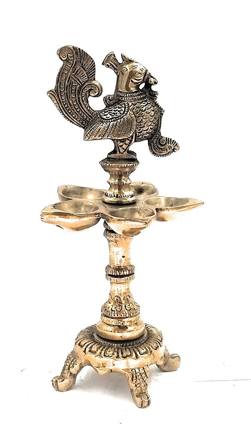 Artvarko Brass Peacock Traditional Design 5 Wick Oil Lamp Diya for Home Office Temple Decor Gift 9.5 Inch - Image 1