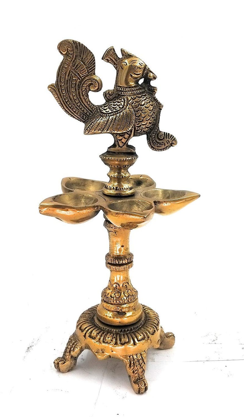 Artvarko Brass Peacock Traditional Design 5 Wick Oil Lamp Diya for Home Office Temple Decor Gift 9.5 Inch - Image 5