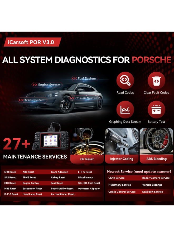 iCarsoft Bidirectional Diagnostic Tool for Porsche/Cayenne, POR V3.0 (Enhance Version) All System OBD2 Scanner, 23+Special Reset Service Code Reader for Porsche, Battery Test, Auto VIN - Image 2